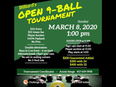 Event poster for Billiard's Open 9-ball Tournament
