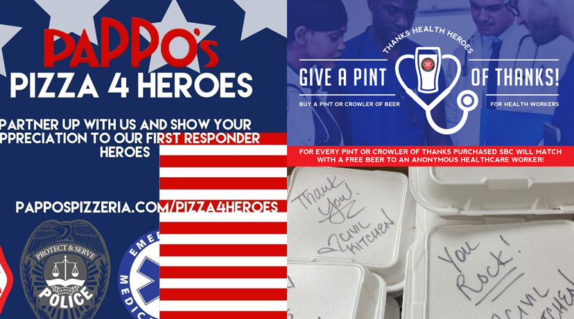 Logos for PaPPo's Pizza 4 Heroes and Springfield Brewing Company's Pint of Thanks programs