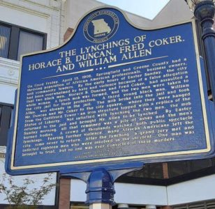 A historical marker on Park Central Square honoring the lives of Horace B. Duncan, Fred Coker and William Allen