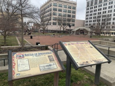 A Battle of Springfield historical marker at Park Central Square