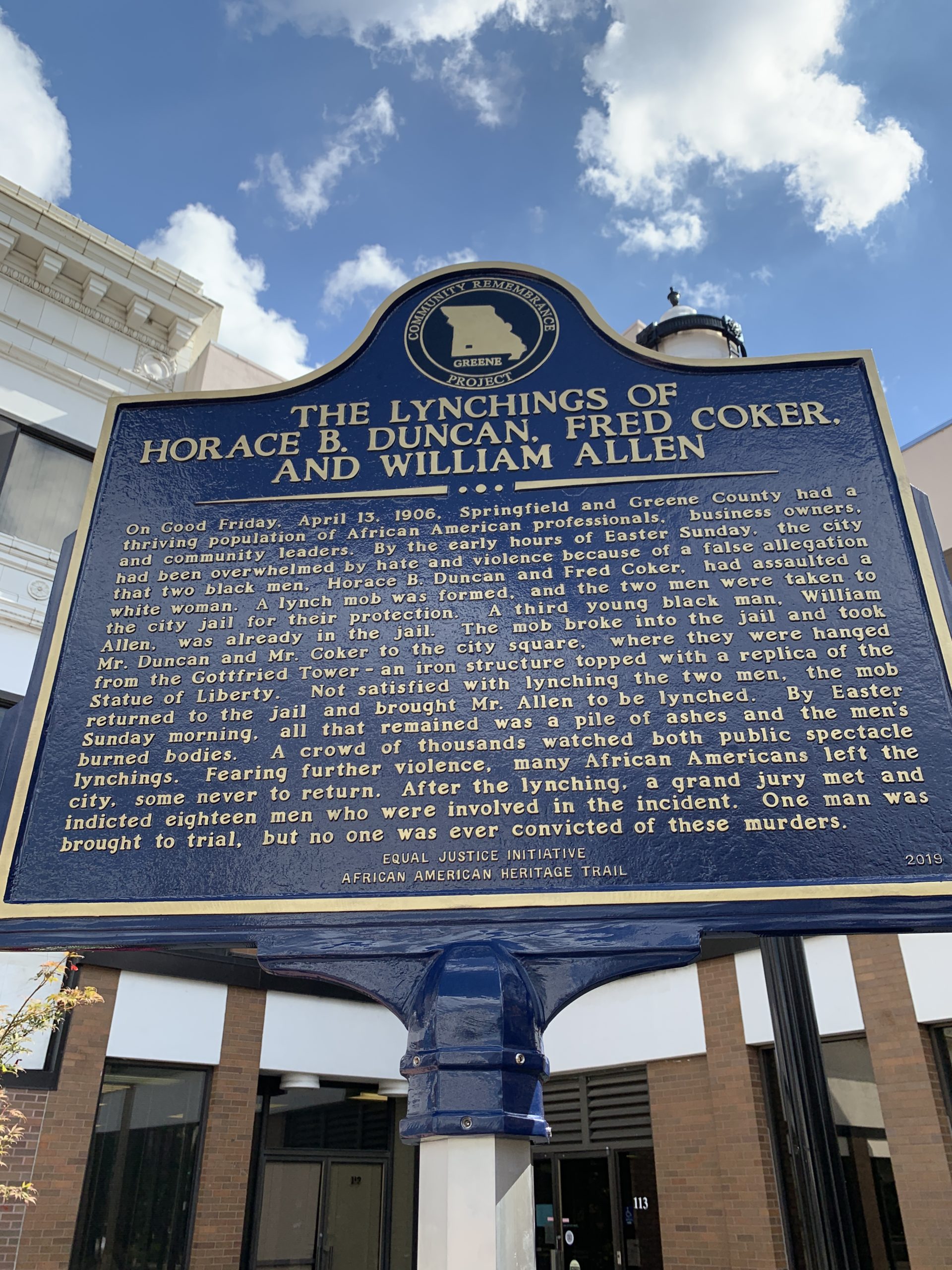 A historic marker on Park Central Square, part of the Springfield-Greene County African American Heritage Trail