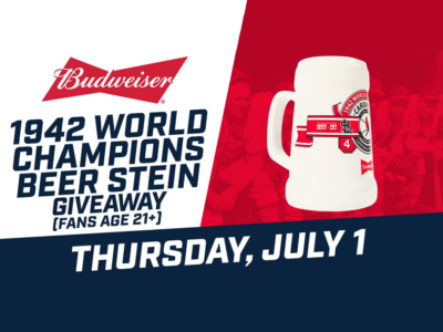 Event poster for Springfield Cardinals vs. Northwest Arkansas Naturals — St. Louis Cardinals 1942 Word Champions Budweiser Beer Stein Giveaway