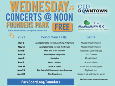 Event poster for Wednesday Concerts @ Noon at Founders Park