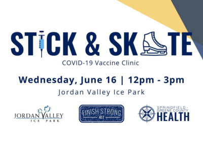Event poster for Stick & Skate — free vaccination and ice skating session at Jordan Valley Ice Park