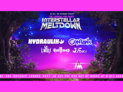 Event poster for Interstellar Meltdown pre party with Hydraulix & Conrank @ Outland Ballroom